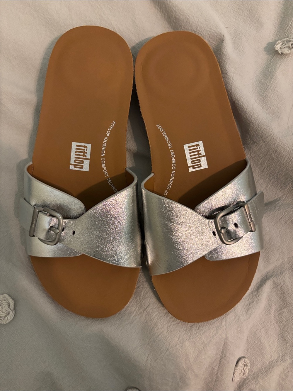 Fitflop Silver Buckle Crossover Slide Sandals